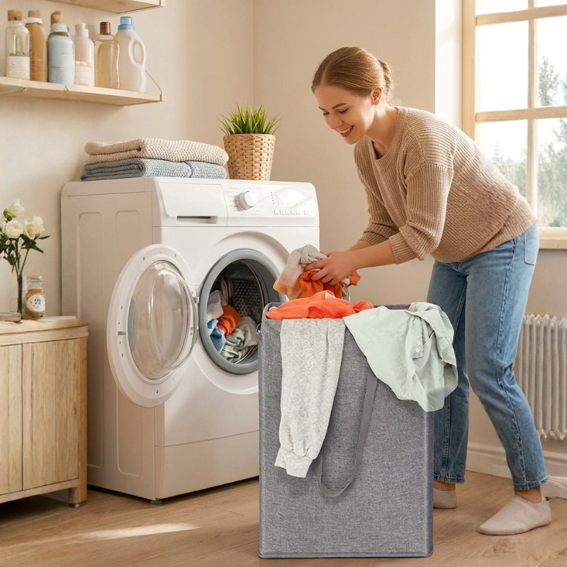 Woman sorting laundry in a laundry room with a washing machine and shelves.