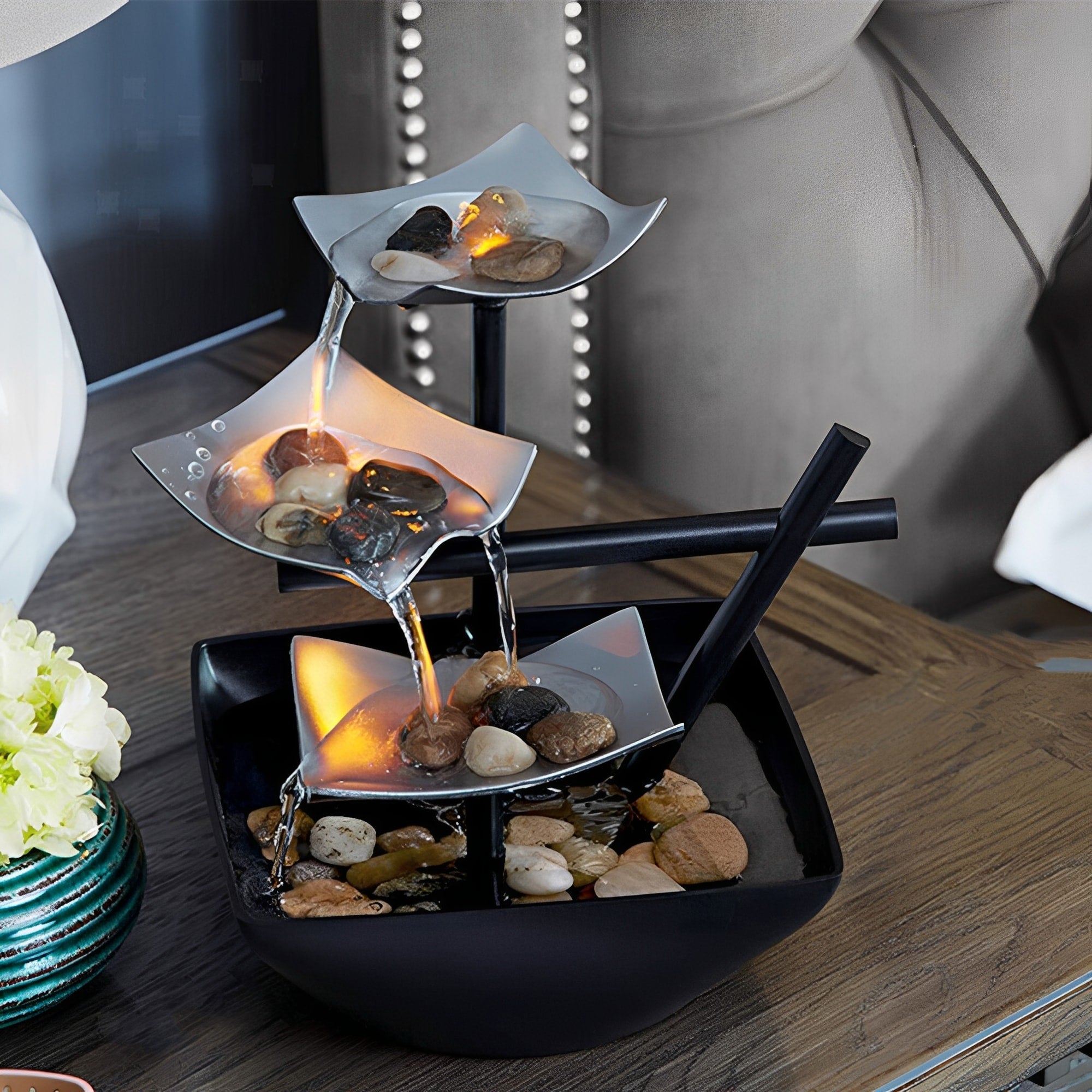 LeafGlow Water Fountain - Serene Outdoor Water Feature with LED Lighting 0