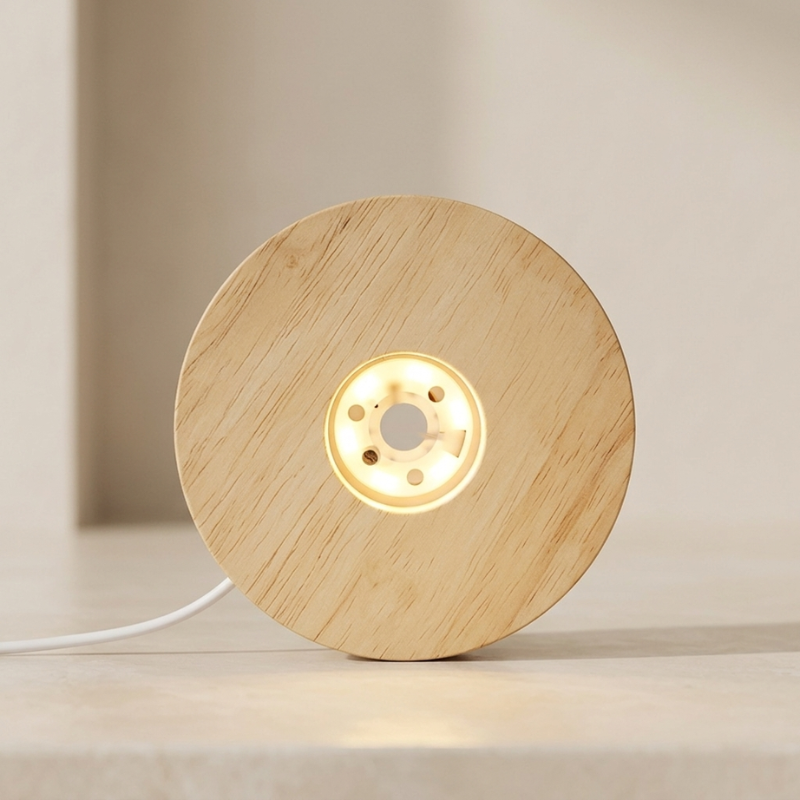 Wooden lamp with a glowing center on a neutral background