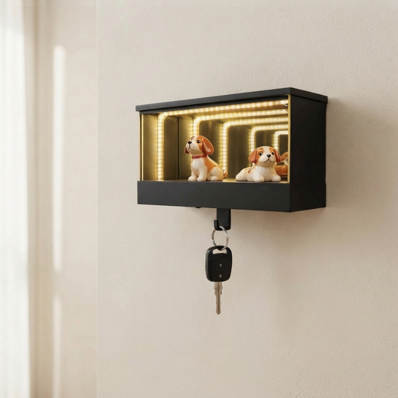 A black wall-mounted key safe display box with warm LED lighting inside, holding two small dog figurines, with a key hanging from the front hook, shown mounted on a beige wall.