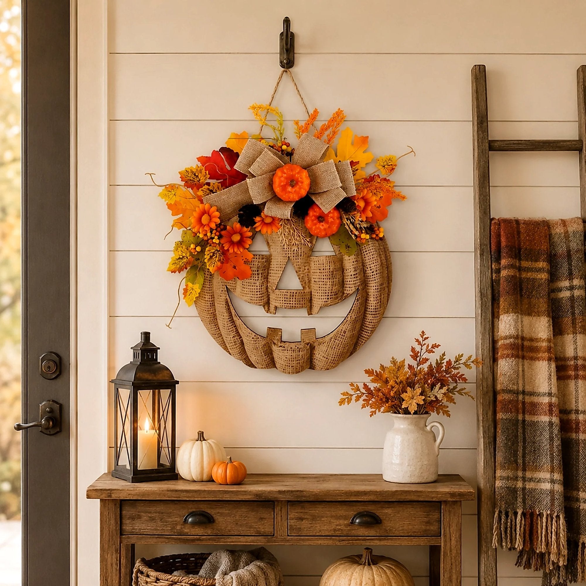 Lighted Burlap Pumpkin Wreath - 8 LED Modes for Cozy Fall Decor 0