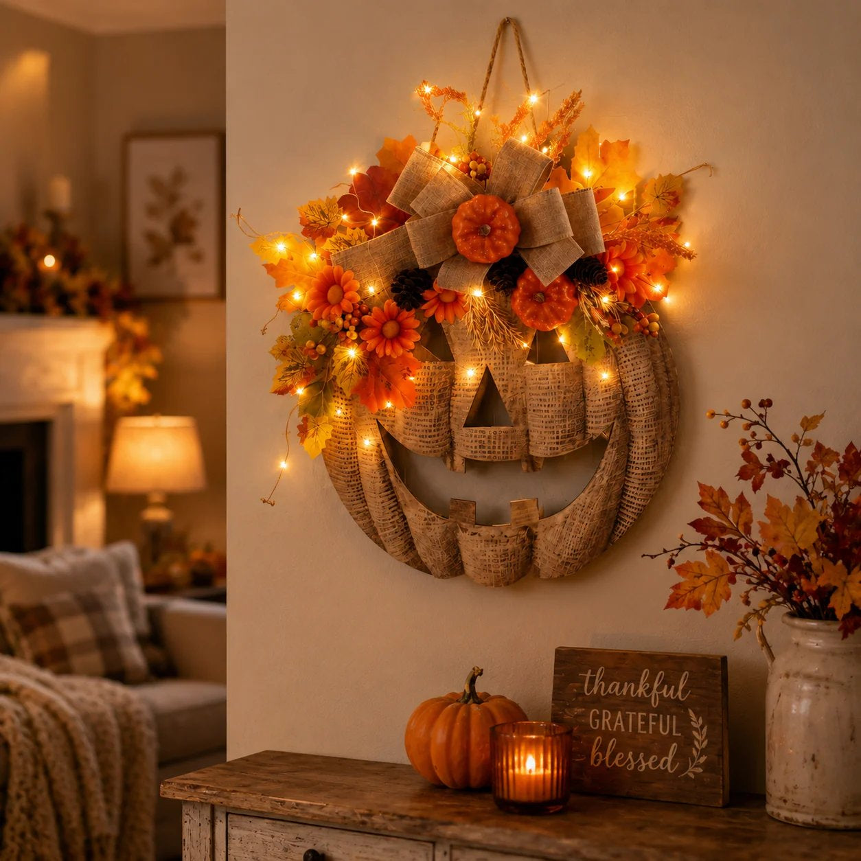 Lighted Burlap Pumpkin Wreath - 8 LED Modes for Cozy Fall Decor 1