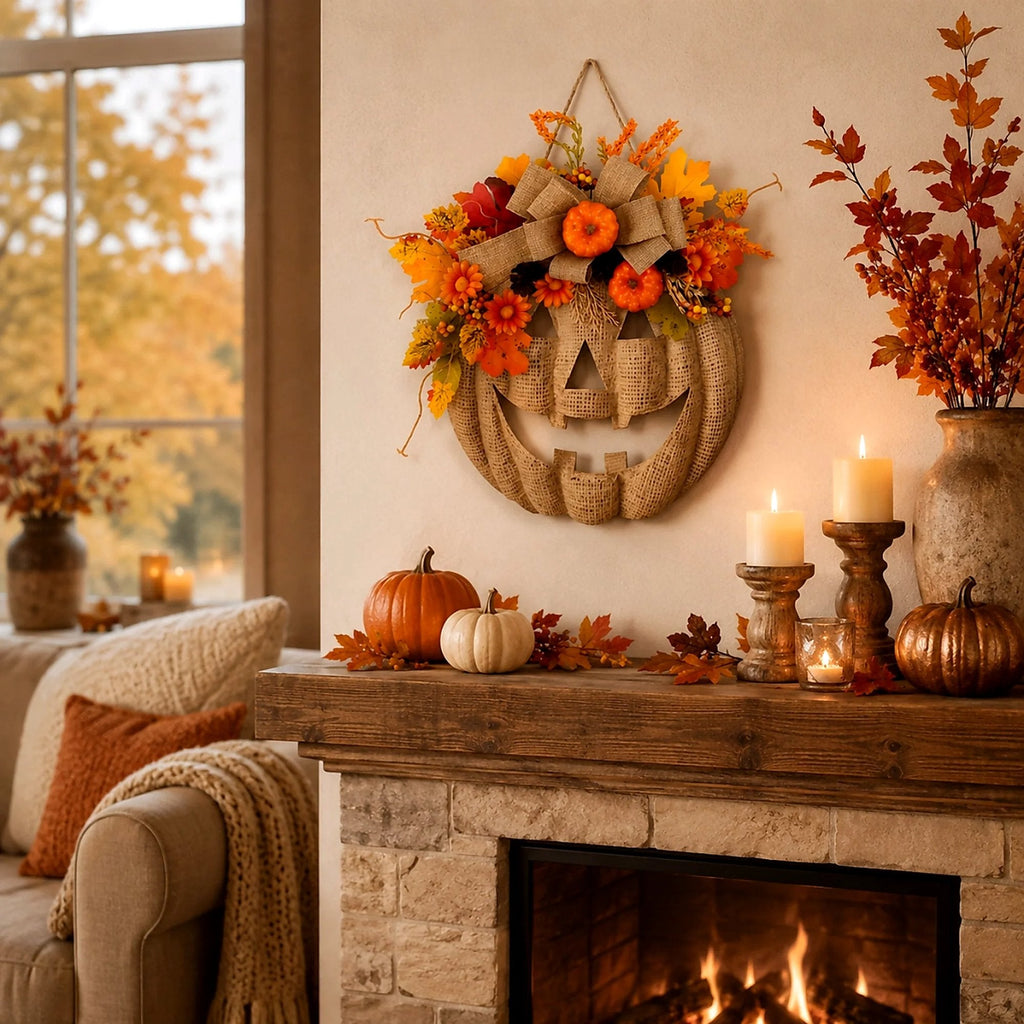 Lighted Burlap Pumpkin Wreath - 8 LED Modes for Cozy Fall Decor 2