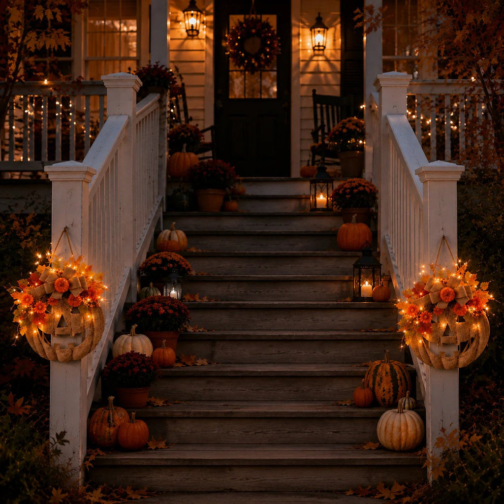 Lighted Burlap Pumpkin Wreath - 8 LED Modes for Cozy Fall Decor 7