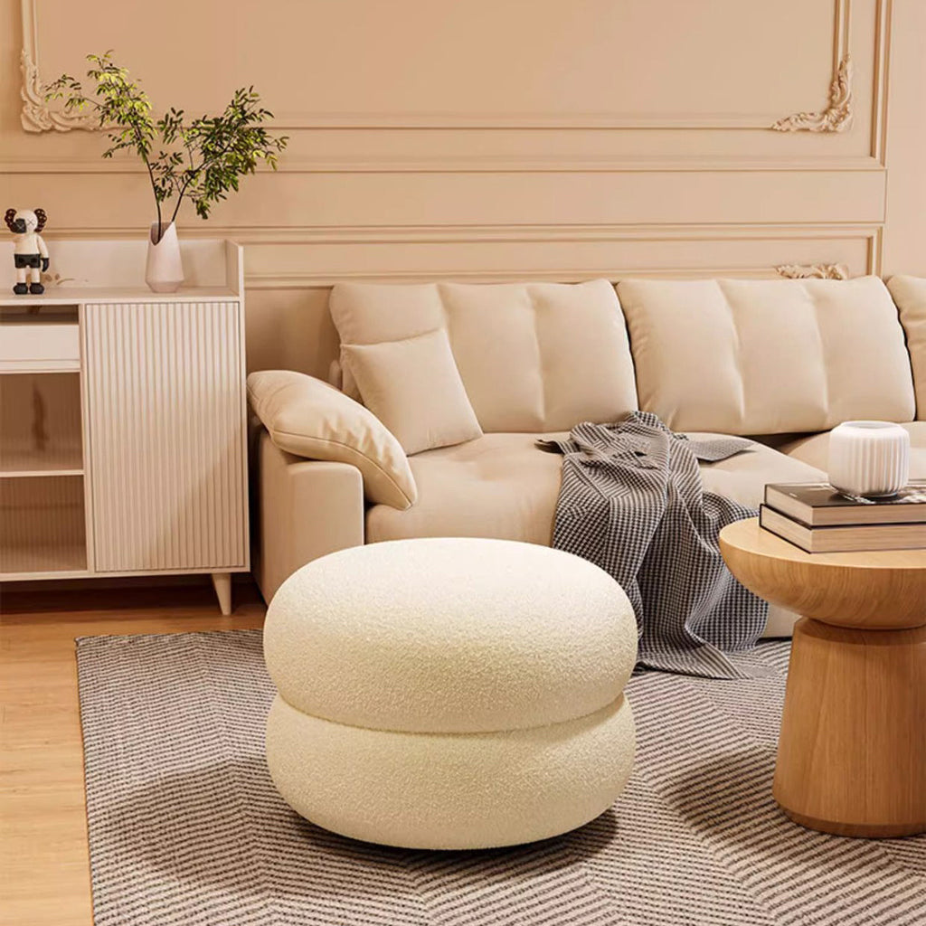 Low Round Stool - Soft Sherpa Fabric & Solid Wood Frame for Cozy Seating 0
