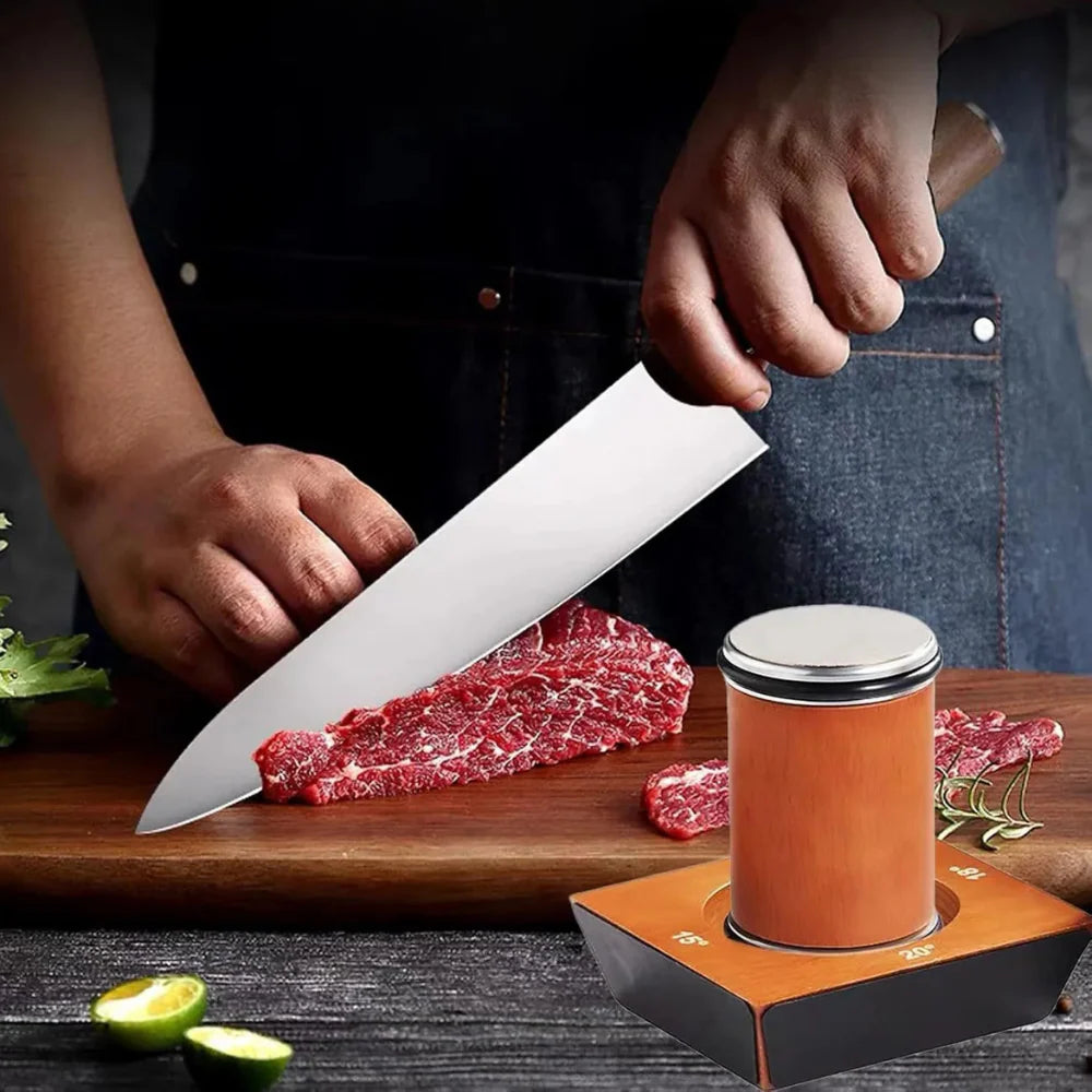 Person sharpening a knife on a wooden cutting board with raw meat and a knife sharpener.