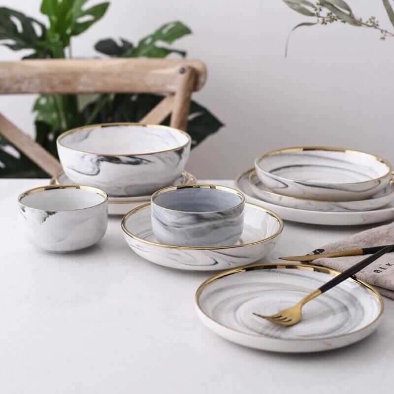 Marble-Vein Porcelain Dinner Set with Gilded Gold Rims – Elegant Dinnerware Sets with Plates and Bowls 1