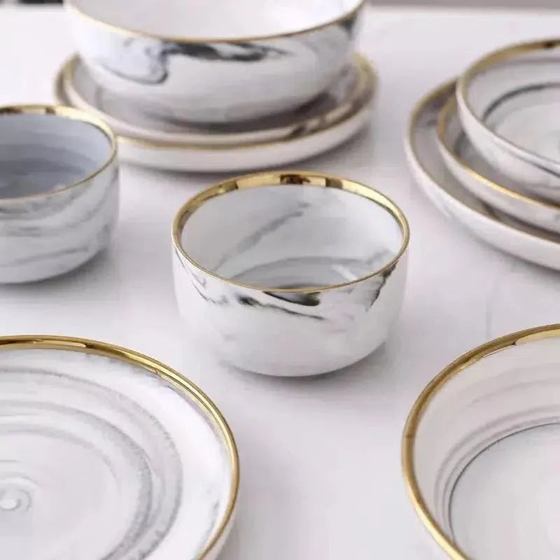Marble-Vein Porcelain Dinner Set with Gilded Gold Rims – Elegant Dinnerware Sets with Plates and Bowls 2