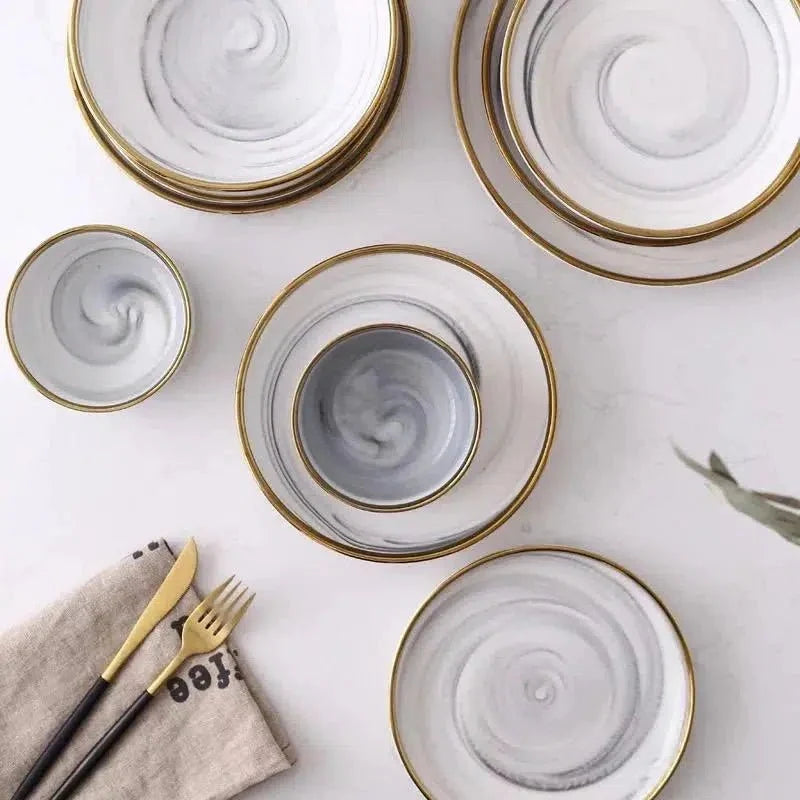 Marble-Vein Porcelain Dinner Set with Gilded Gold Rims – Elegant Dinnerware Sets with Plates and Bowls 4