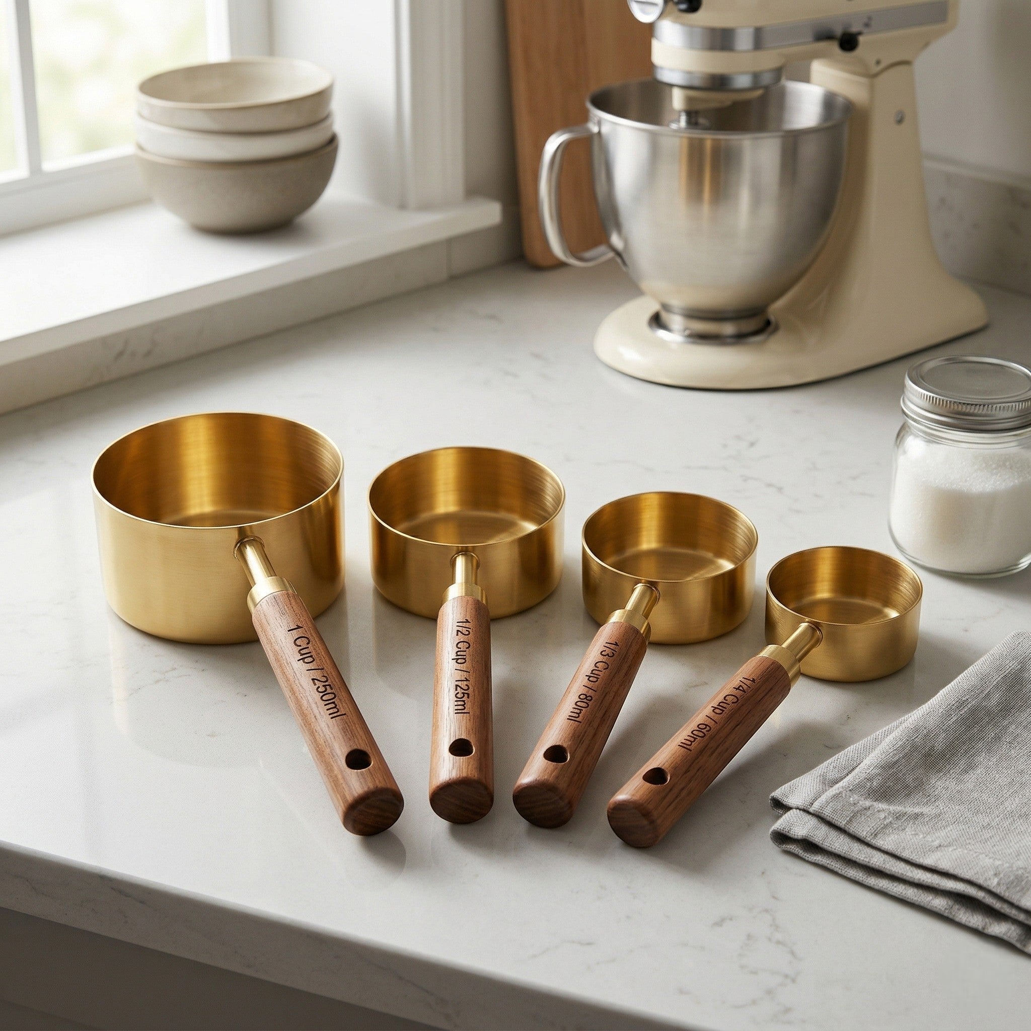 Set of gold measuring cups with wooden handles on a kitchen counter.