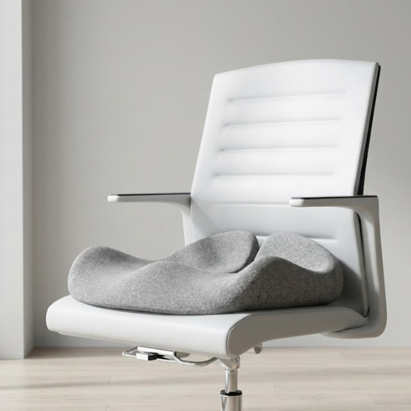 White office chair with a gray cushion on a neutral background