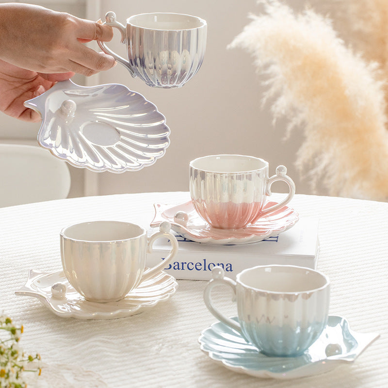 Mermaid-Inspired Tea Cup Set with Iridescent Shell Design – Ceramic Cup and Saucer Set for Coastal Elegance 1