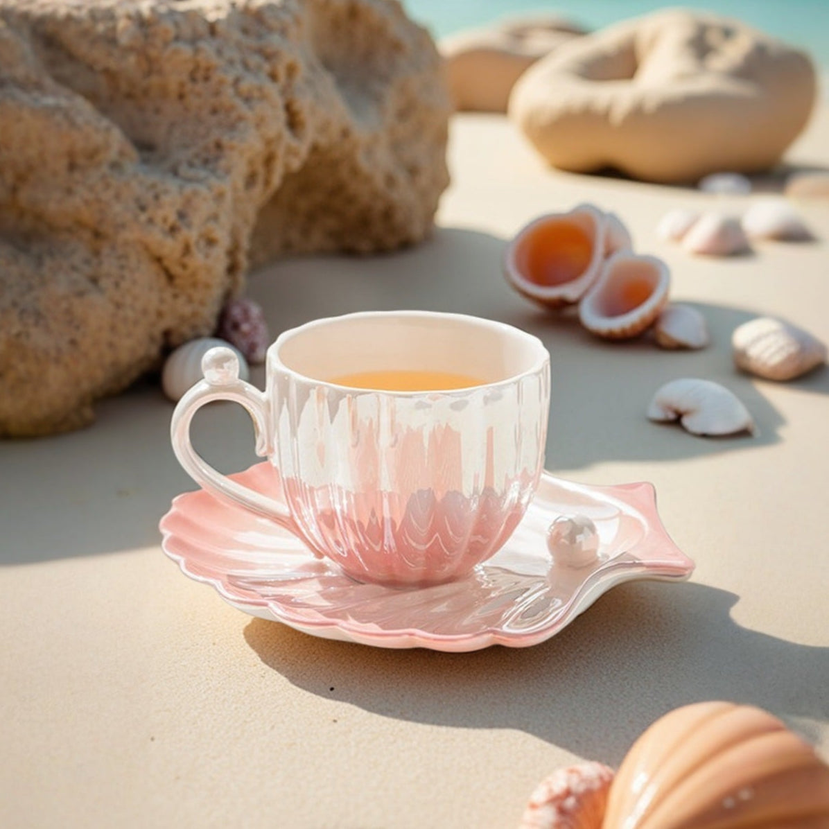 Mermaid-Inspired Tea Cup Set with Iridescent Shell Design – Ceramic Cup and Saucer Set for Coastal Elegance 2