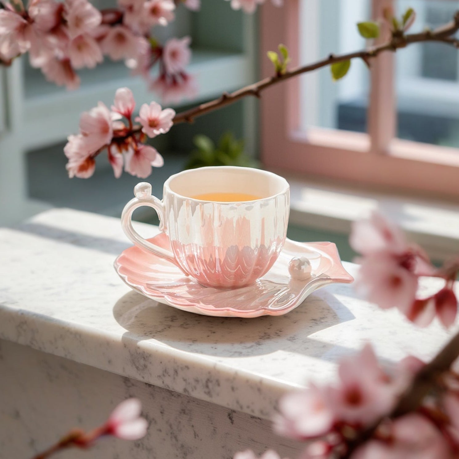 Mermaid-Inspired Tea Cup Set with Iridescent Shell Design – Ceramic Cup and Saucer Set for Coastal Elegance 5