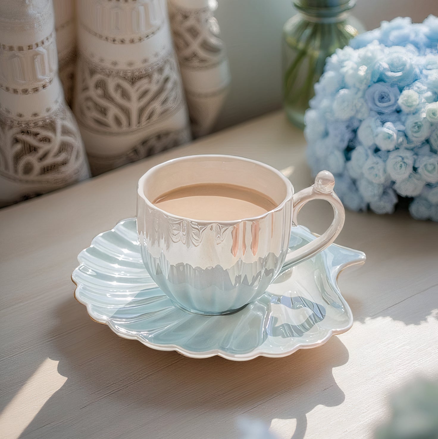 Mermaid-Inspired Tea Cup Set with Iridescent Shell Design – Ceramic Cup and Saucer Set for Coastal Elegance 6