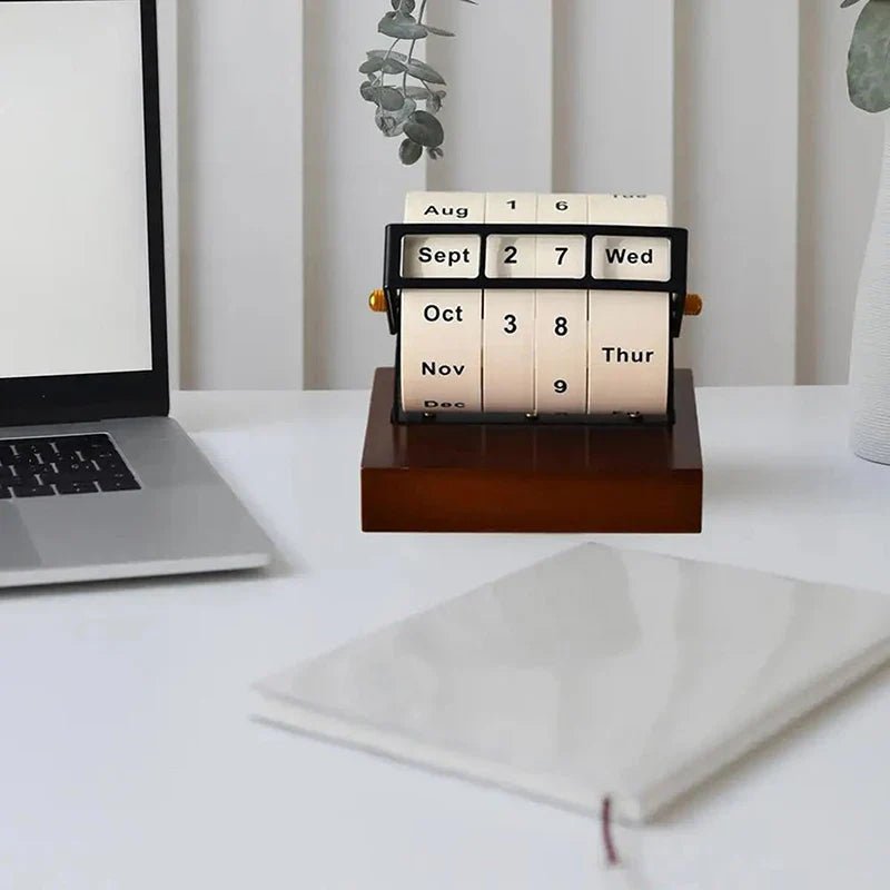 Mid-Century Wooden Rotary Calendar - Stylish Desk Accessory, Timeless Design 2