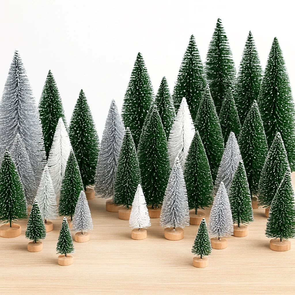 Mini Christmas Tree Set - 30 Trees with Snow Effect and Wooden Bases, 6-13 cm Tall for Winter Decorations and Crafting 12