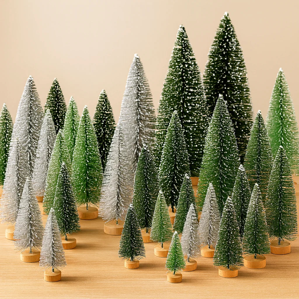 Mini Christmas Tree Set - 30 Trees with Snow Effect and Wooden Bases, 6-13 cm Tall for Winter Decorations and Crafting 13