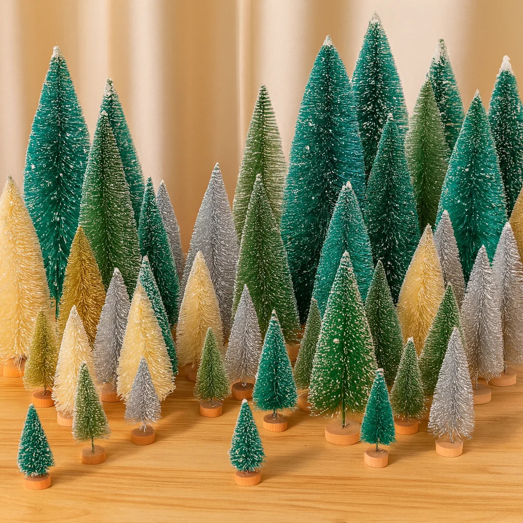Mini Christmas Tree Set - 30 Trees with Snow Effect and Wooden Bases, 6-13 cm Tall for Winter Decorations and Crafting 14
