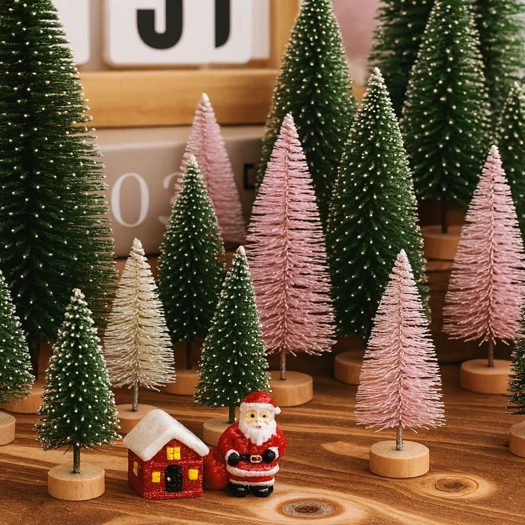 Mini Christmas Tree Set - 30 Trees with Snow Effect and Wooden Bases, 6-13 cm Tall for Winter Decorations and Crafting 15