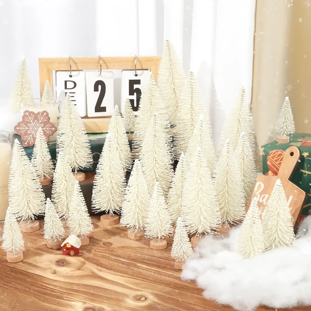 Mini Christmas Tree Set - 30 Trees with Snow Effect and Wooden Bases, 6-13 cm Tall for Winter Decorations and Crafting 2