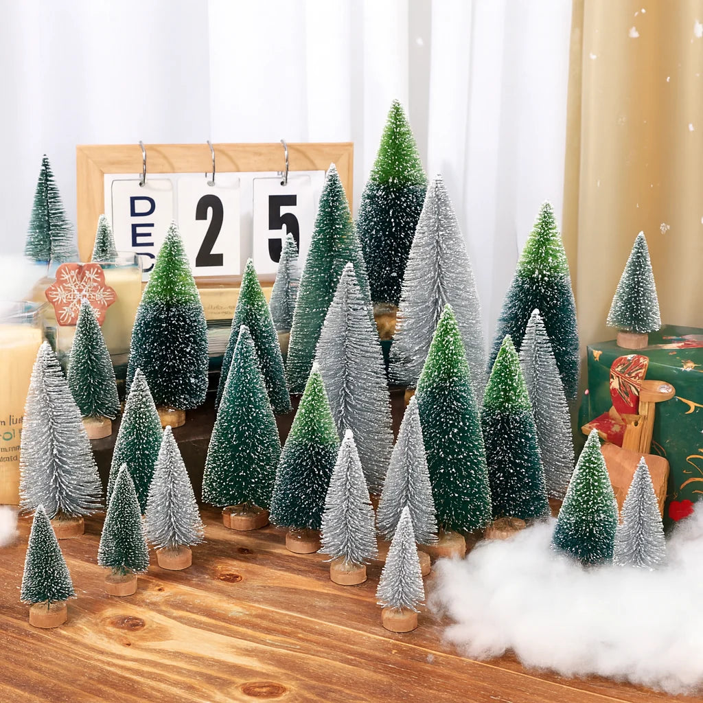 Mini Christmas Tree Set - 30 Trees with Snow Effect and Wooden Bases, 6-13 cm Tall for Winter Decorations and Crafting 4