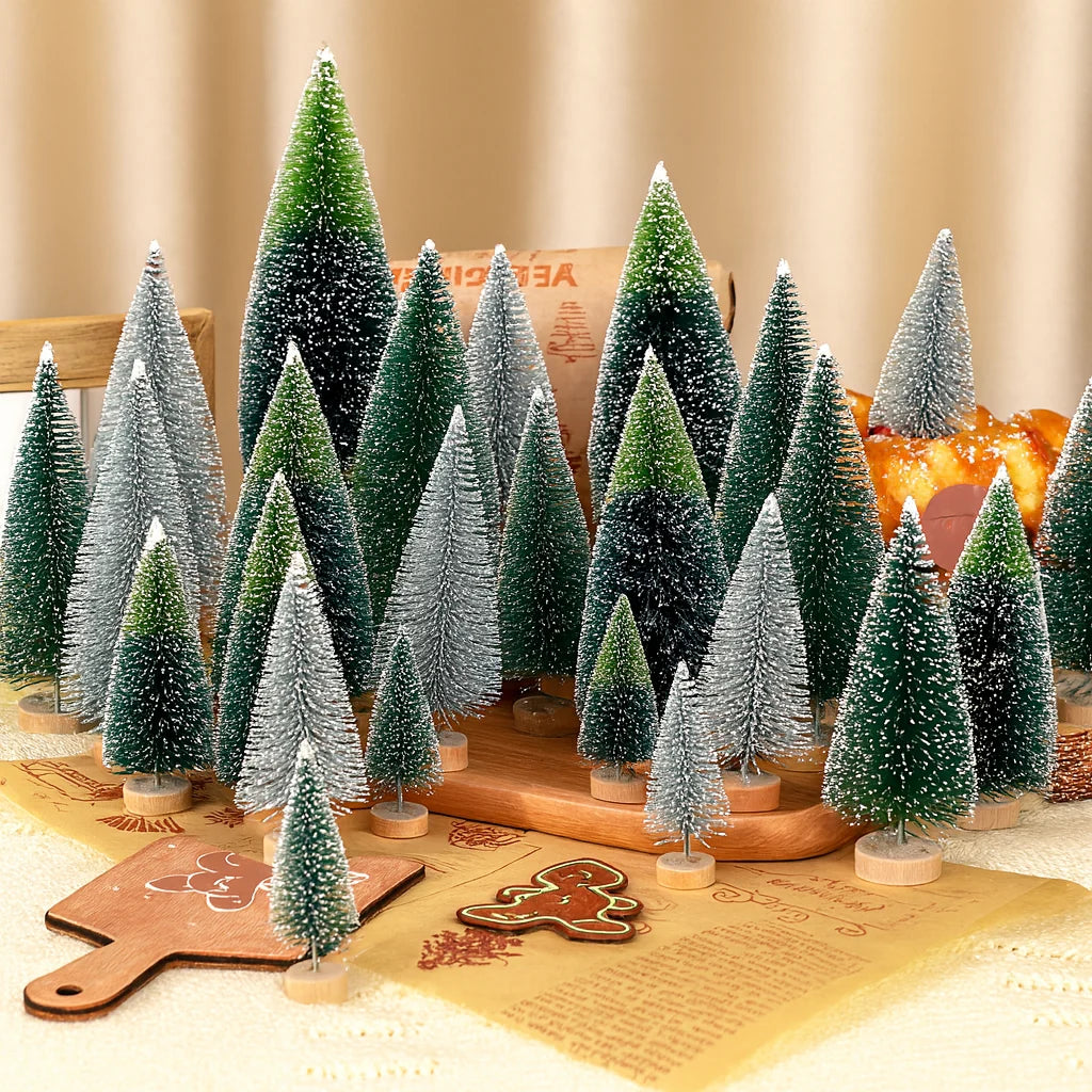 Mini Christmas Tree Set - 30 Trees with Snow Effect and Wooden Bases, 6-13 cm Tall for Winter Decorations and Crafting 5