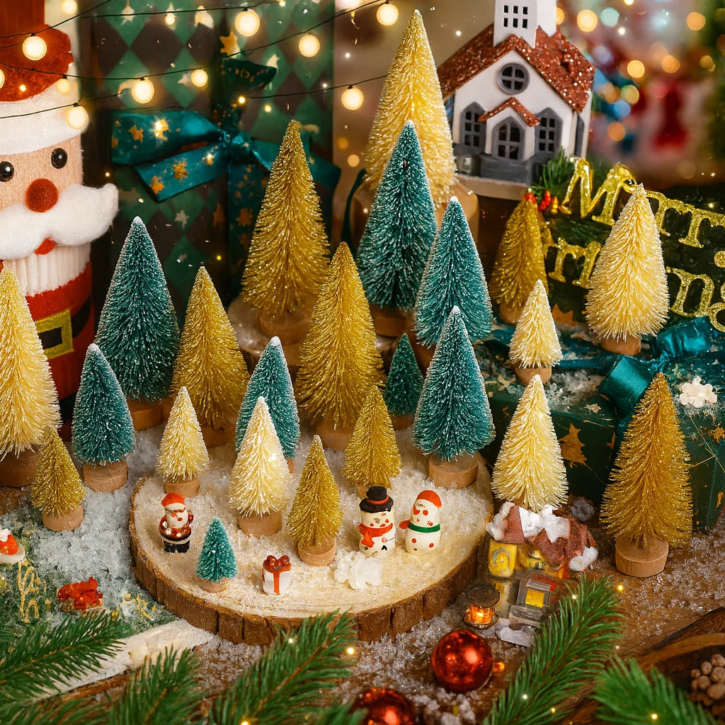 Mini Christmas Tree Set - 30 Trees with Snow Effect and Wooden Bases, 6-13 cm Tall for Winter Decorations and Crafting 6
