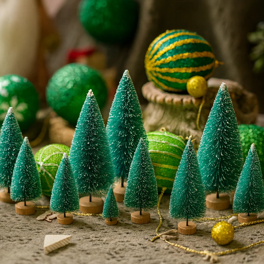 Mini Christmas Tree Set - 30 Trees with Snow Effect and Wooden Bases, 6-13 cm Tall for Winter Decorations and Crafting 8