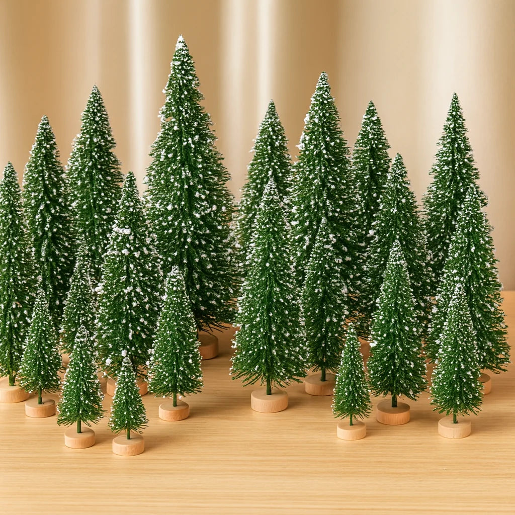 Mini Christmas Tree Set - 30 Trees with Snow Effect and Wooden Bases, 6-13 cm Tall for Winter Decorations and Crafting 9