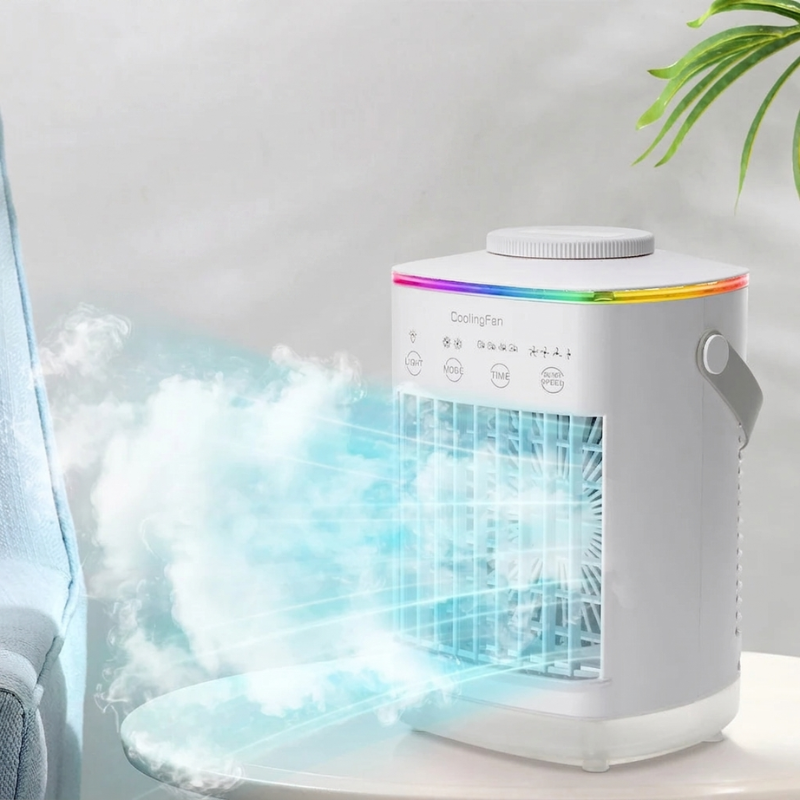 White humidifier with colorful light on a white background