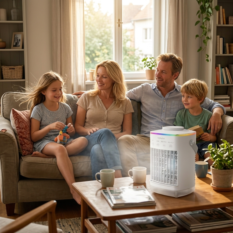 Family sitting on a couch in a living room with a white air purifier on the coffee table.