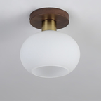 A modern semi-flush mount ceiling light fixture featuring a large frosted white glass globe shade, a brushed brass cylindrical neck, and a round dark brown wood ceiling canopy, shown against a neutral light gray ceiling.
