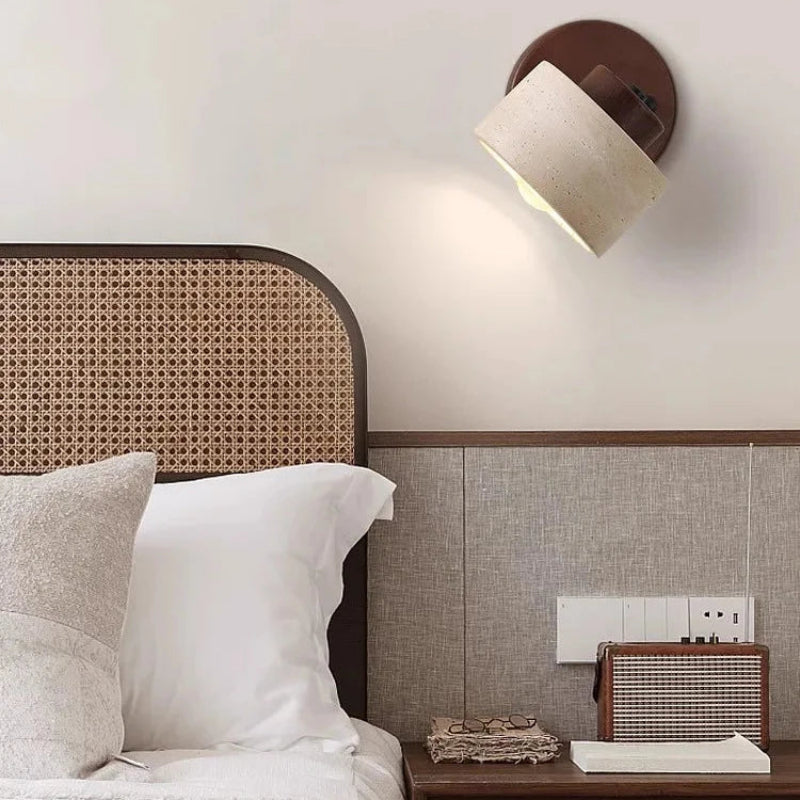 Minimalist LED Wall Sconce with Natural Travertine and Wood – Modern Wall Light for Ambient Illumination 2