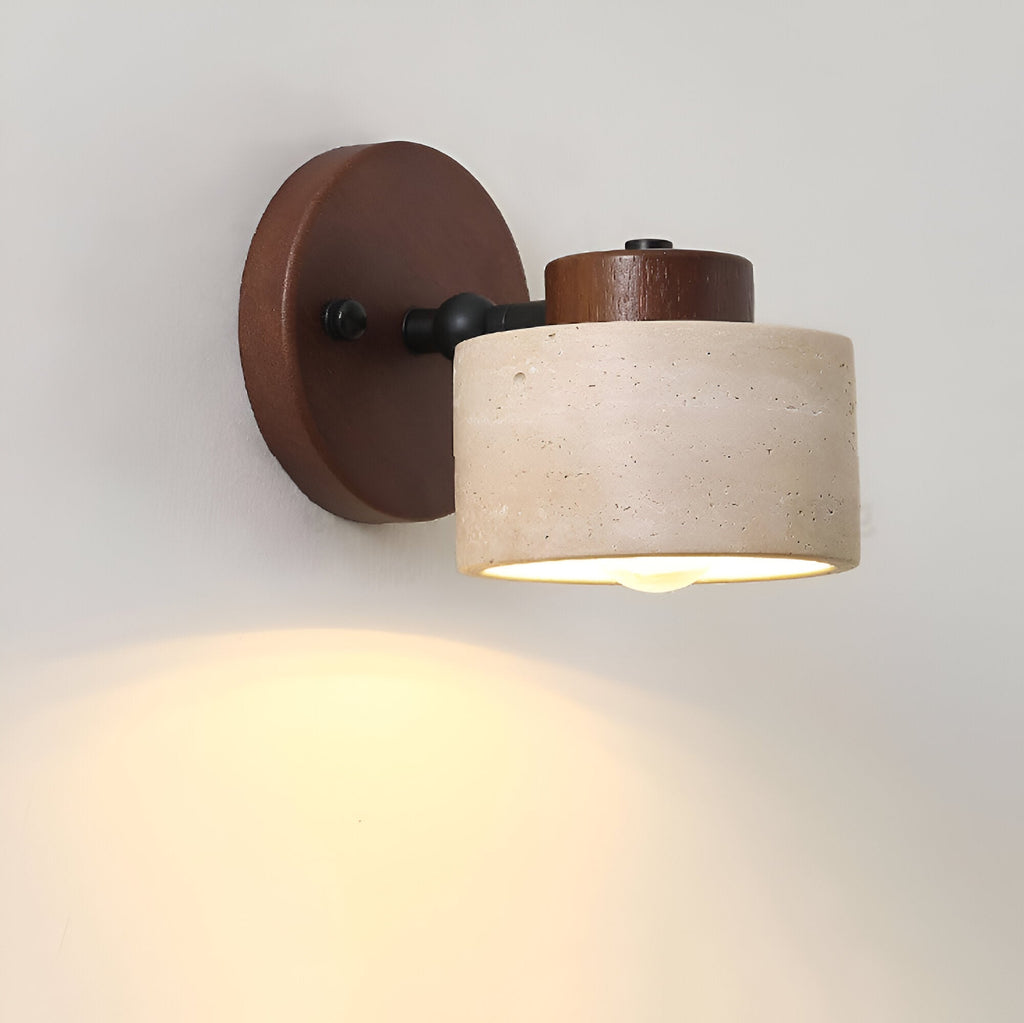 Minimalist Wall Sconce Light - Natural Travertine & Wood Design 7