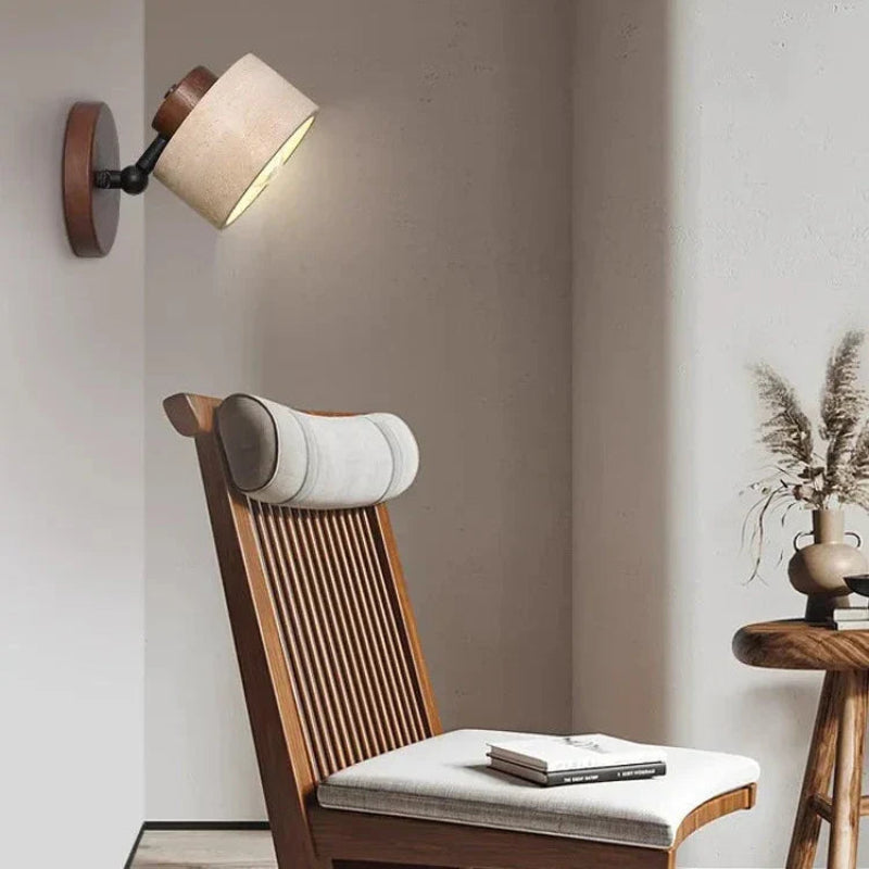Minimalist Wall Sconce Light - Natural Travertine & Wood Design 8
