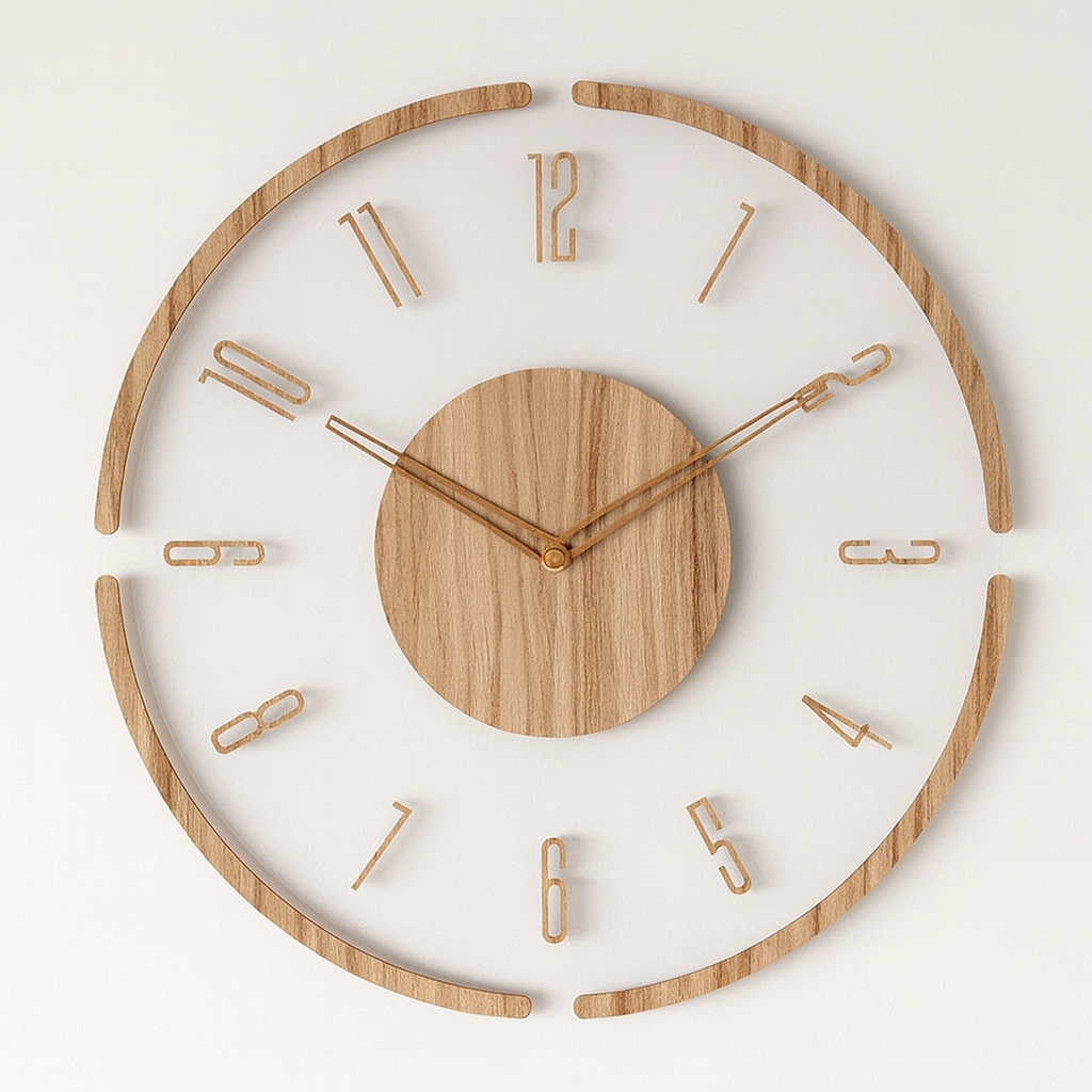 Wooden wall clock with white face and gold accents on a light background