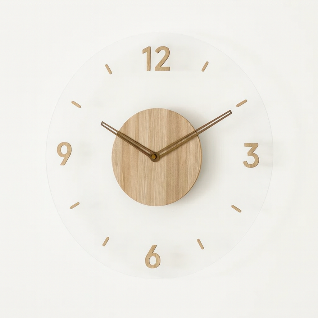 Wooden clock with gold hands on a white background