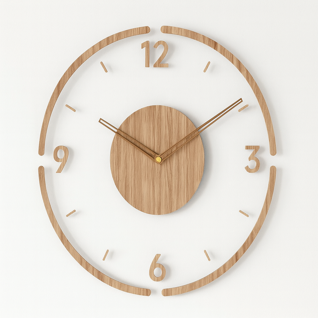 Wooden wall clock with white face on a light gray background