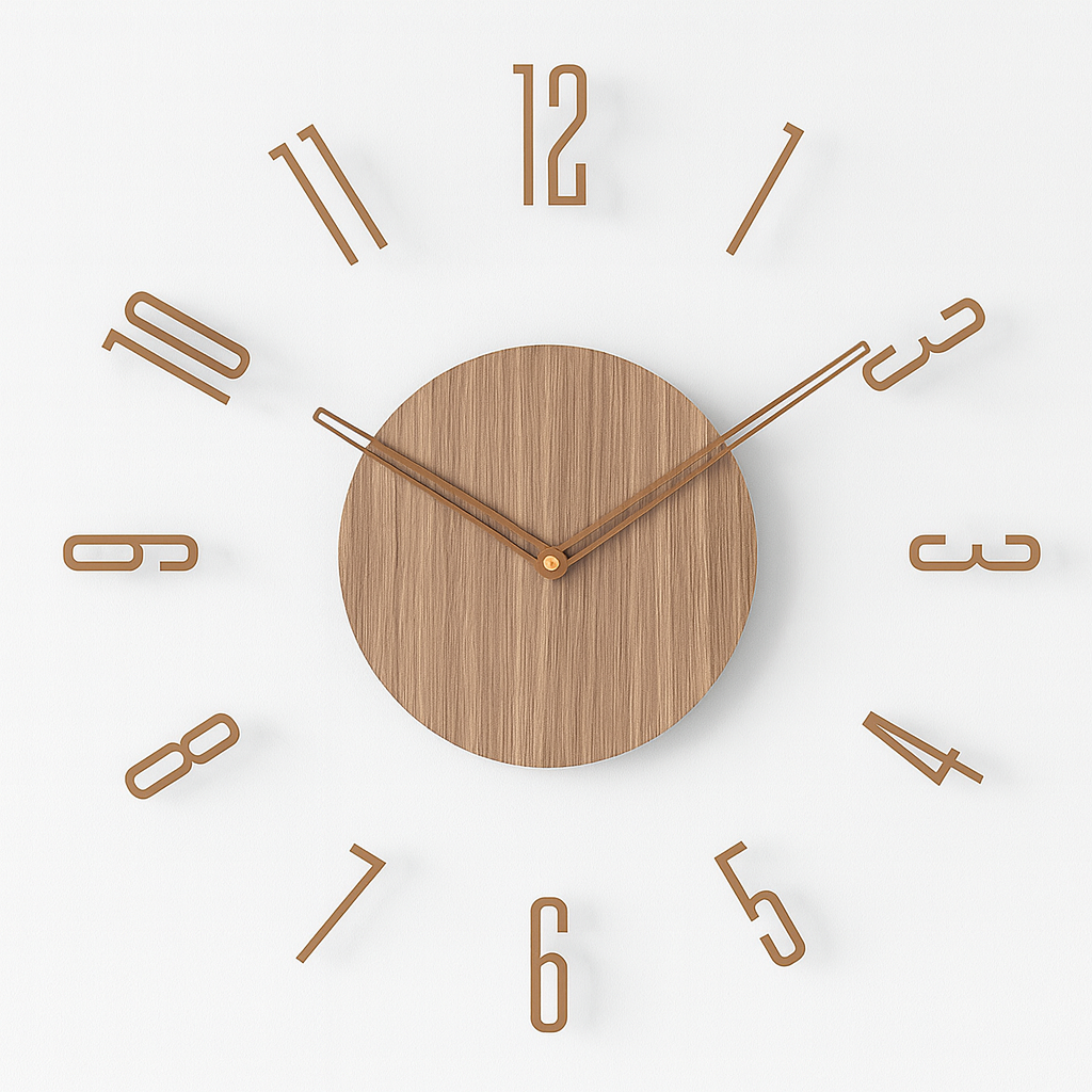 Wooden wall clock with minimalistic design on a white background