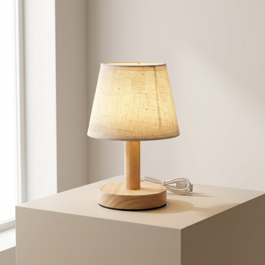 Modern LED Table Lamp with Vintage Linen Shade - USB Plug-In for Bedside or Living Room