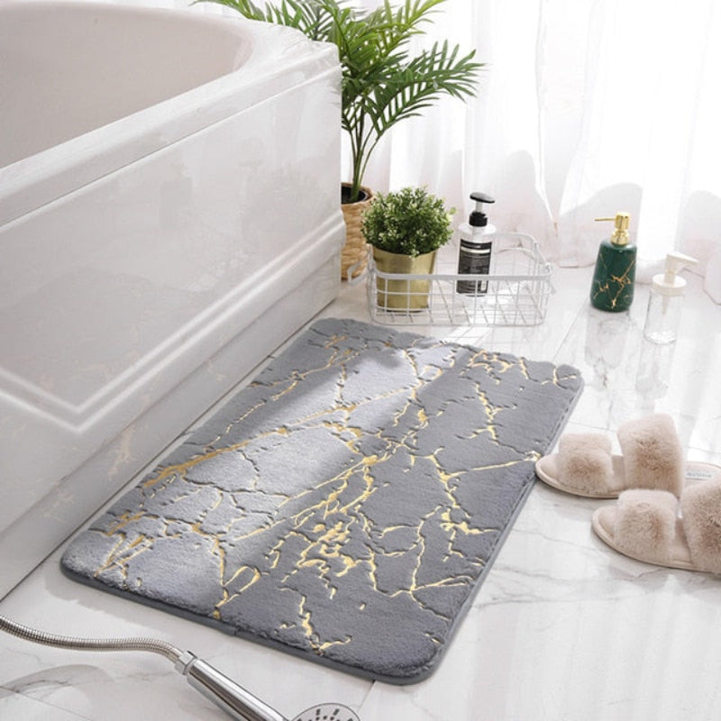 Modern Marble Bath Mat with Gold Accents – Soft Non-Slip Bathroom Rug, Absorbent Fleece, Quick Dry, 20 x 32 Inches 0