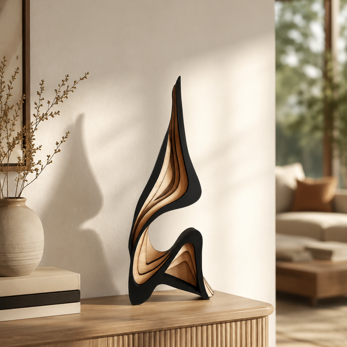 Modern Nordic Wooden Sculpture - Abstract Art with Layered Curves 5