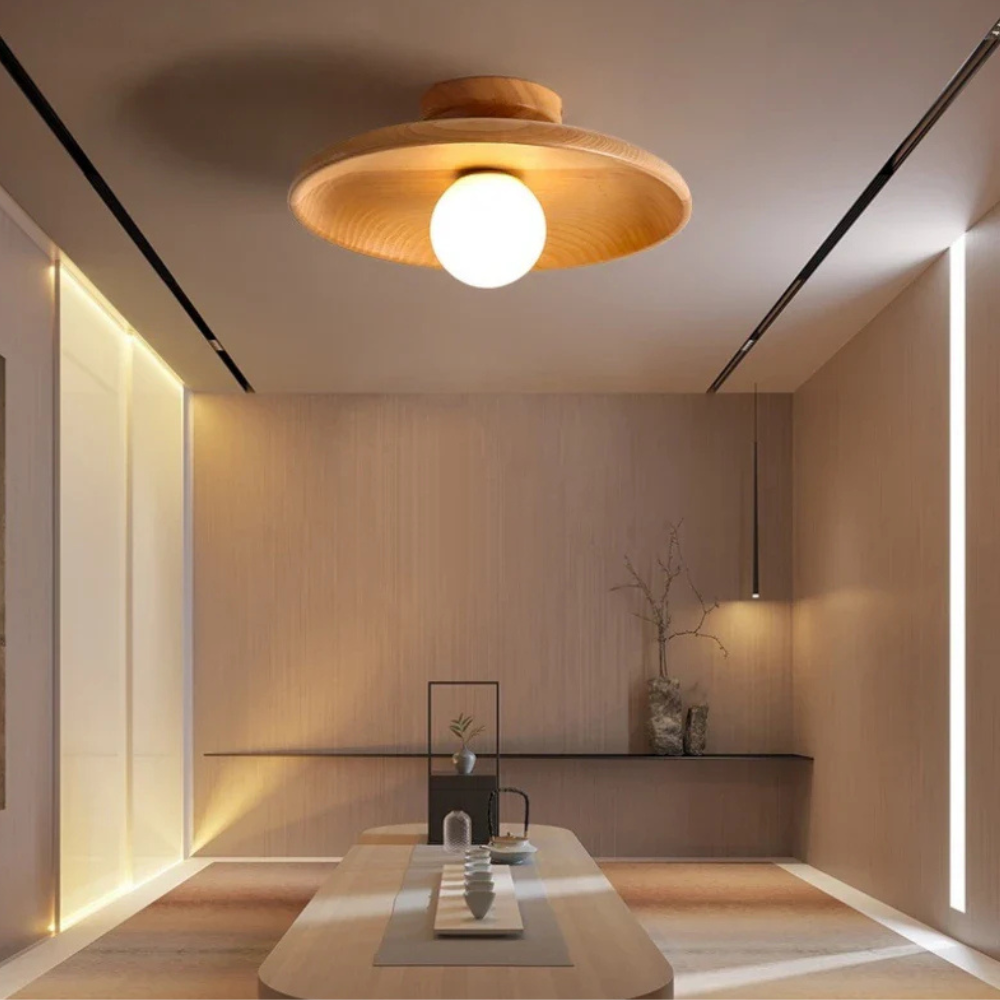 Modern Scandinavian Flush Mount Ceiling Light with Wood Shade – LED Fixture in Light Ash and Deep Walnut Options 6