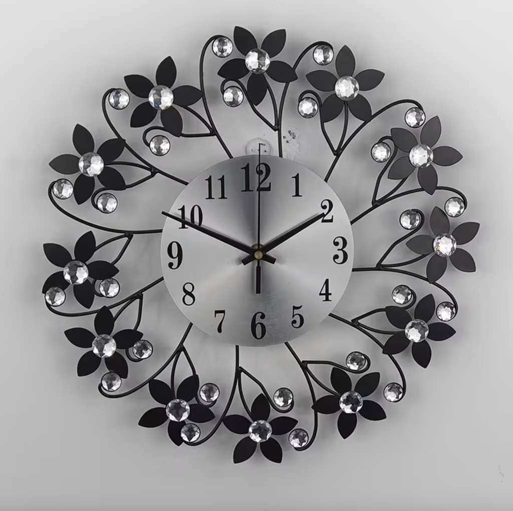 Modern Wall Clock - Silent Floral Design with Crystal Accents 0