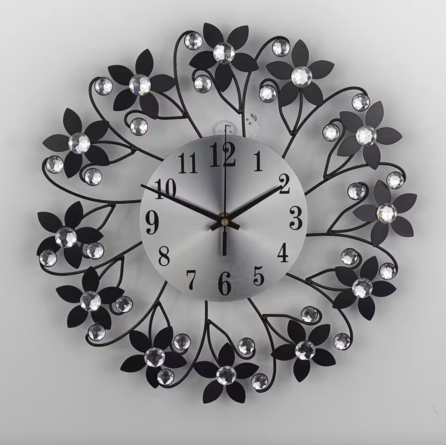 Modern Wall Clock - Silent Floral Design with Crystal Accents 0