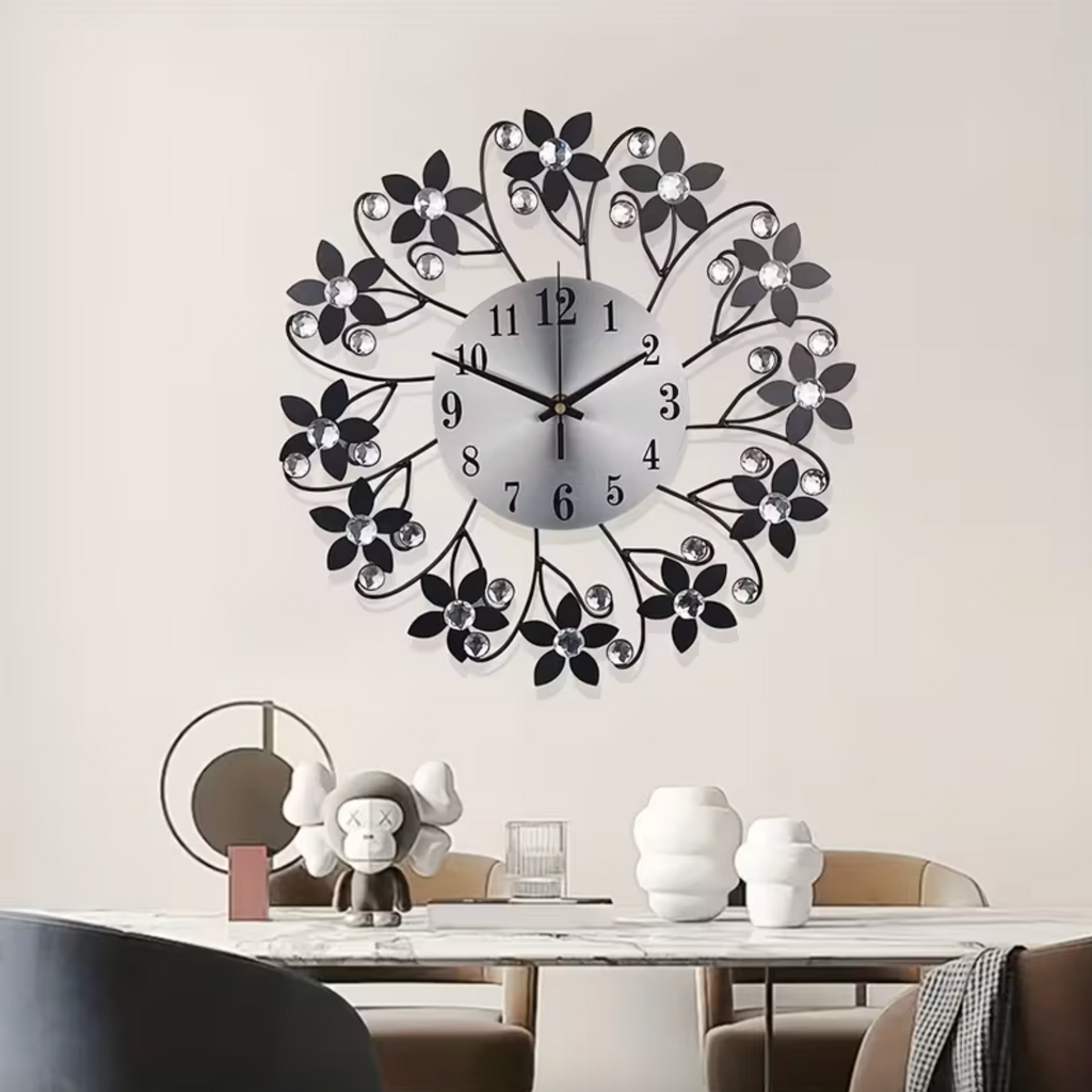 Modern Wall Clock - Silent Floral Design with Crystal Accents 1