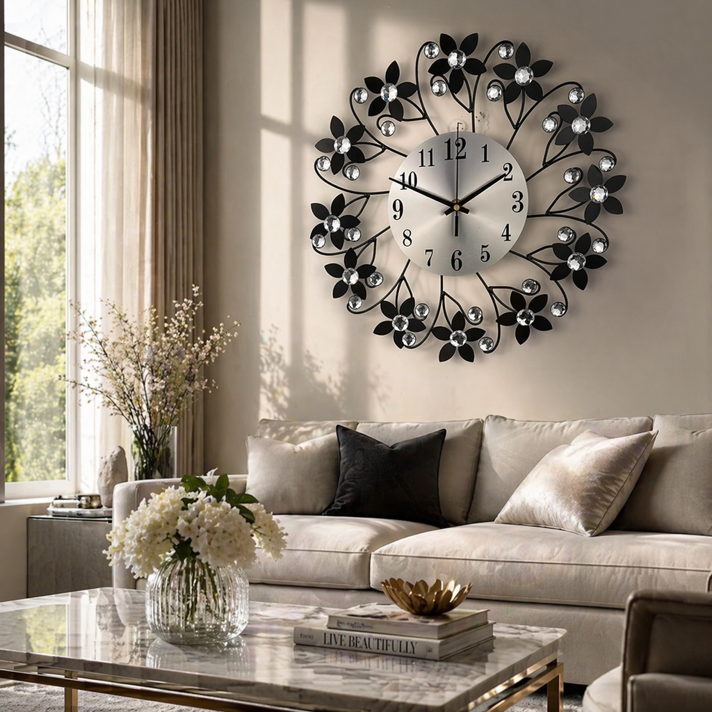 Modern Wall Clock - Silent Floral Design with Crystal Accents 2