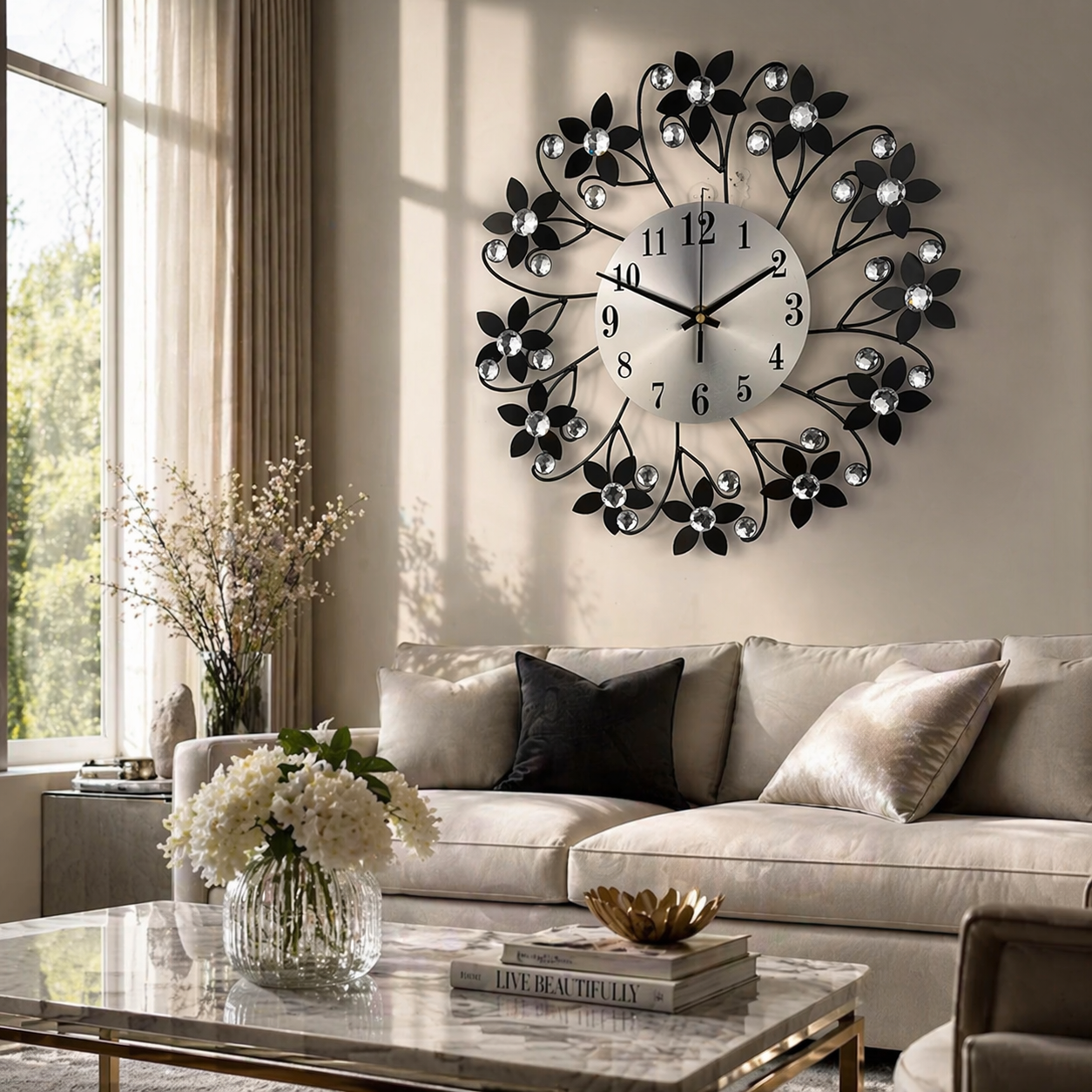 Modern Wall Clock - Silent Floral Design with Crystal Accents 2