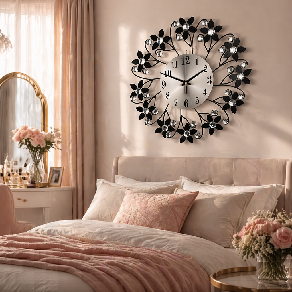 Modern Wall Clock - Silent Floral Design with Crystal Accents 3